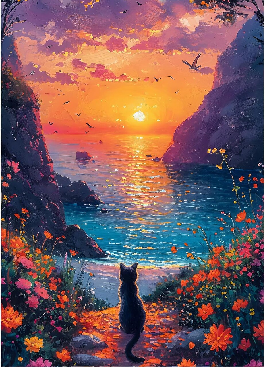 Sunset Cat Diamond Painting Kit – DIY 5D Full Round Drill Kitten Diamond Art with Flowers, Sparkling Rhinestone Diamond Dots Craft for Adults Beginners, Home Wall Decor 12x16 Inch